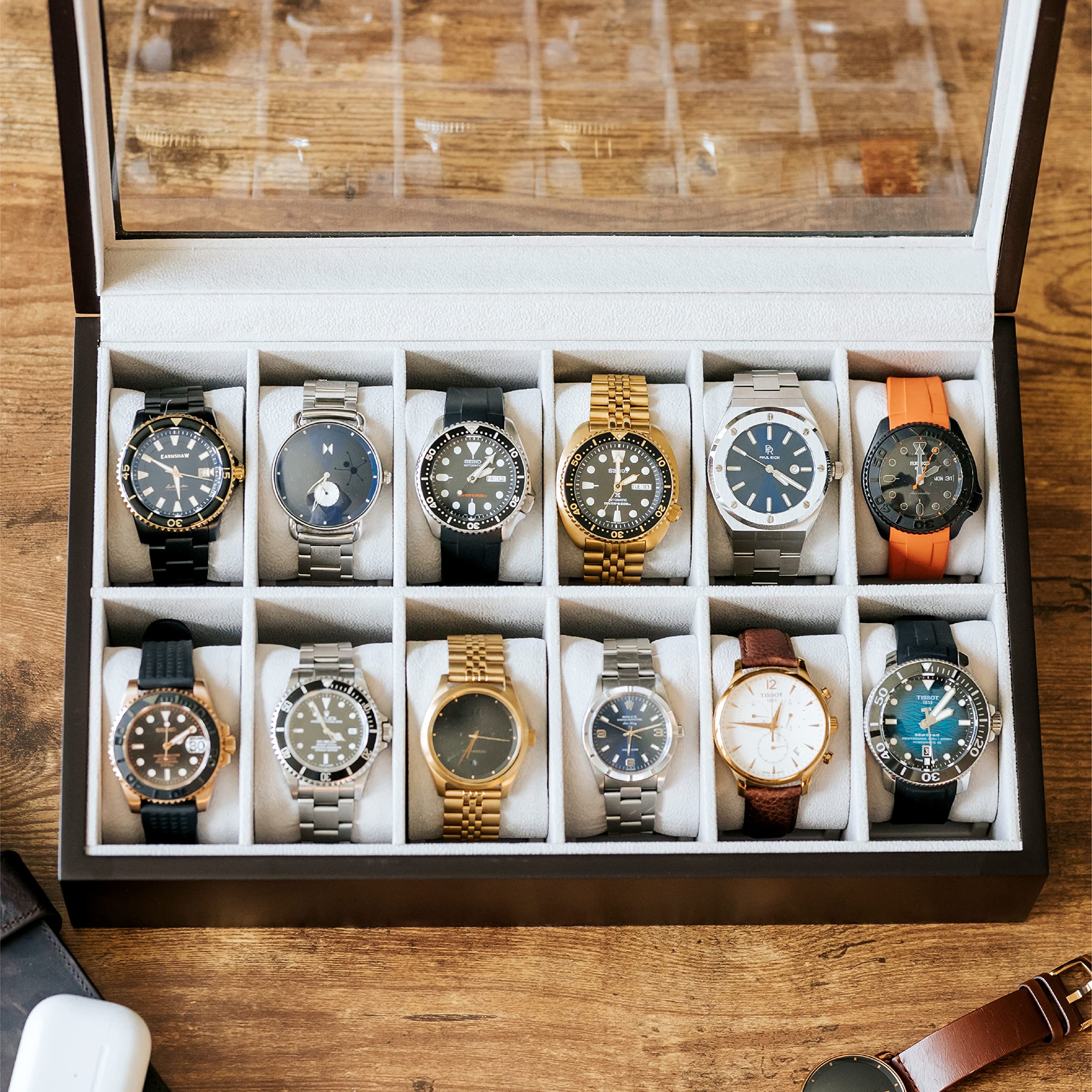 CASE ELEGANCE Solid Espresso Wood Watch Box Organizer with Glass Display Top 12 slot (Espresso)
