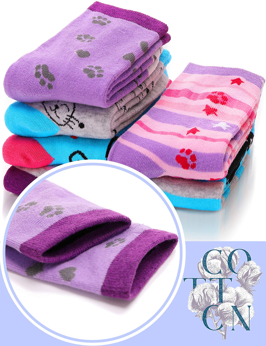 Girls Fashion Cotton Crew Cute Cat Shorty Socks 6 Pack (Cat, 9-14 Years Old)