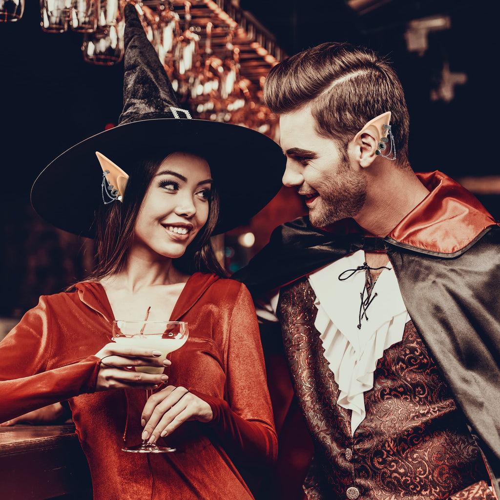 FRESHME Elf Ears with Piercing Cuff Earrings Set - Soft Cosplay Fairy Pixie Ears with Vintage Chain Earring Clips Christmas Rena