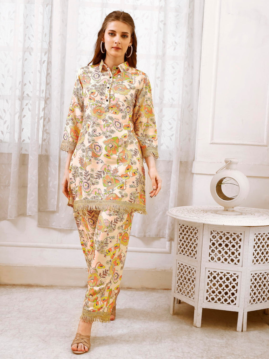 Smowkly Cotton Blend Fancy Floral Printed Co-Ords || Pant Top Dress Pair || Kurta Pant Set For Women || Regualar Fit 3/4 Sleave Casual Indo-Western Loungewear Wear