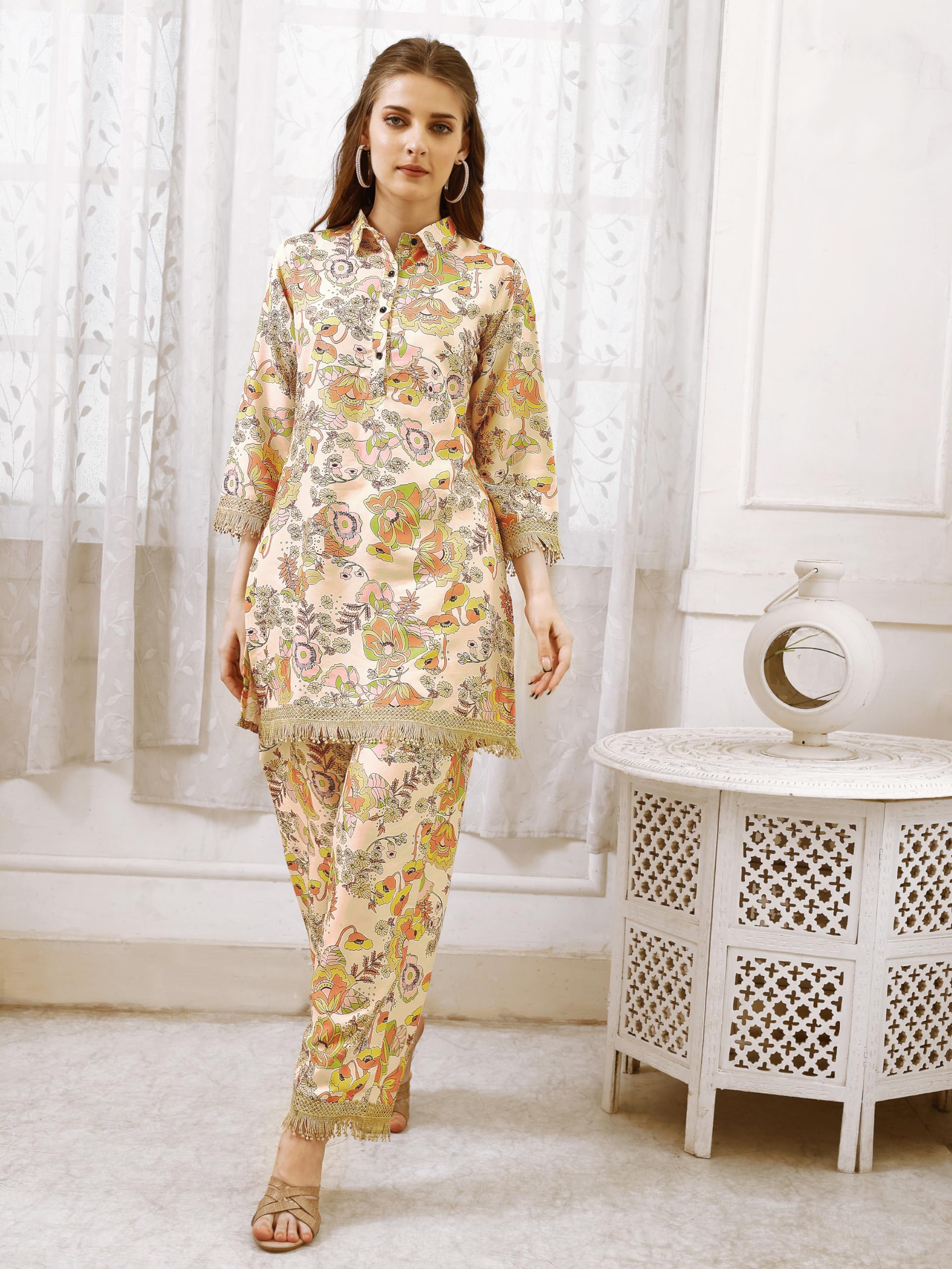 Smowkly Cotton Blend Fancy Floral Printed Co-Ords || Pant Top Dress Pair || Kurta Pant Set For Women || Regualar Fit 3/4 Sleave Casual Indo-Western Loungewear Wear