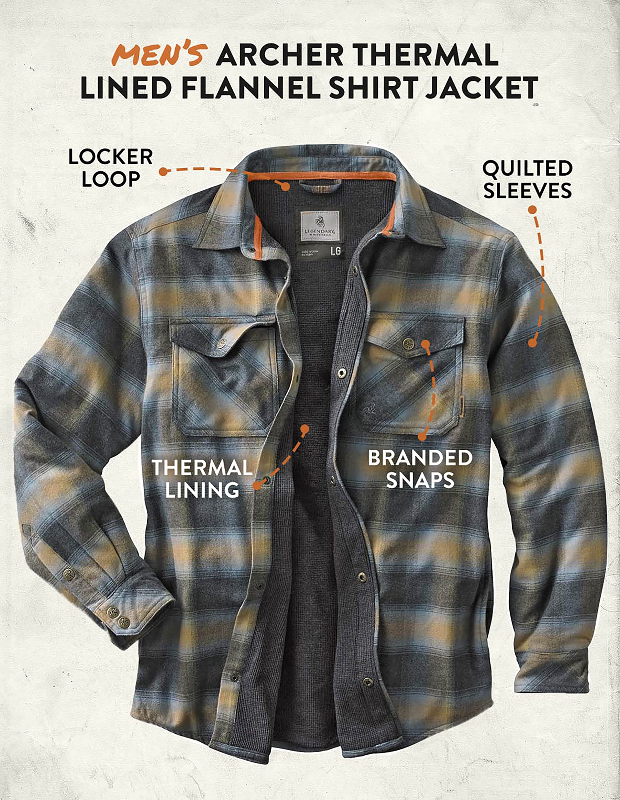 Legendary Whitetails Men's Size Archer Thermal Lined Flannel Shirt Jacket, Sky, Large Tall