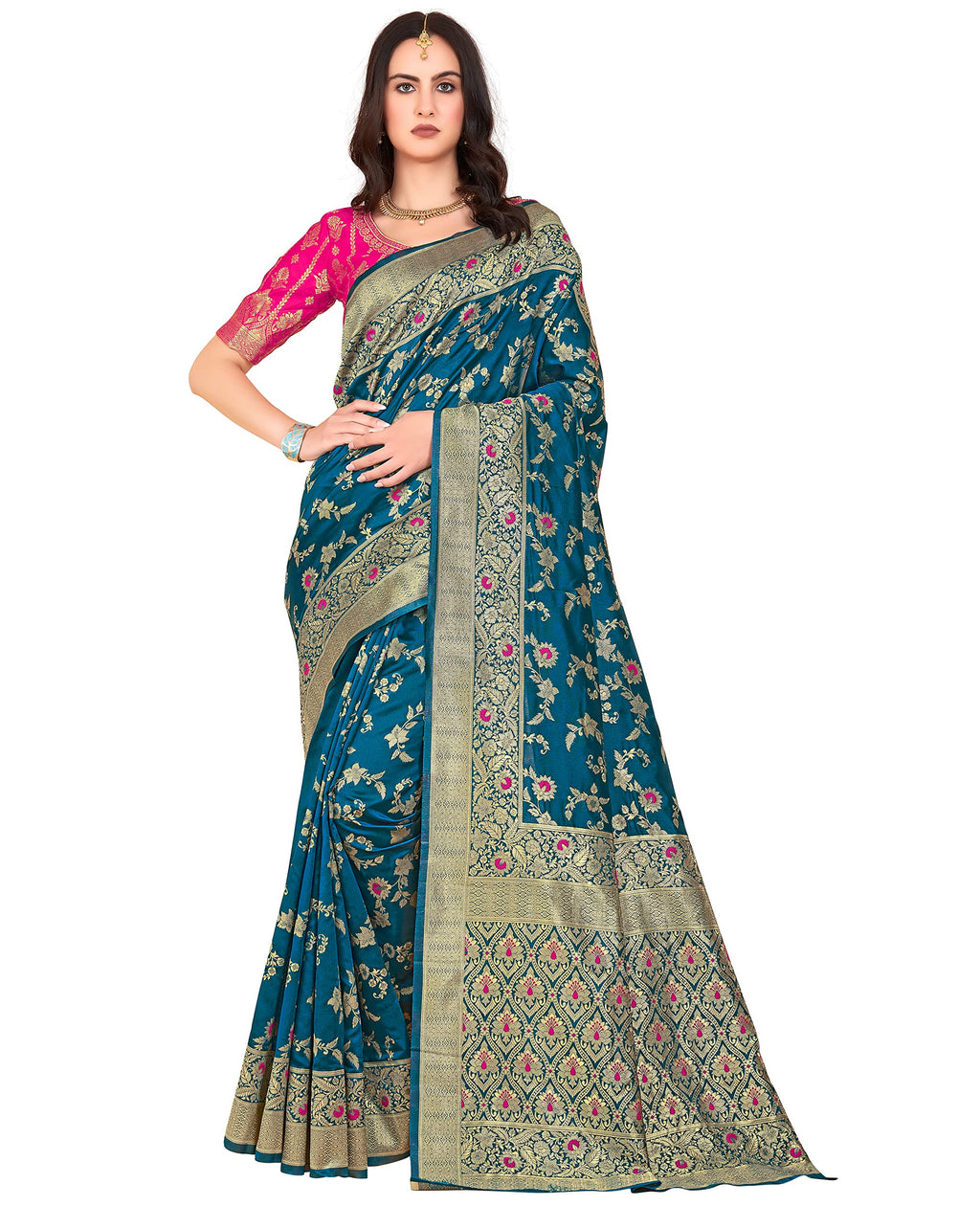 Glory Sarees Womens Blend Banarasi Silk Saree (Kara164_Firozi