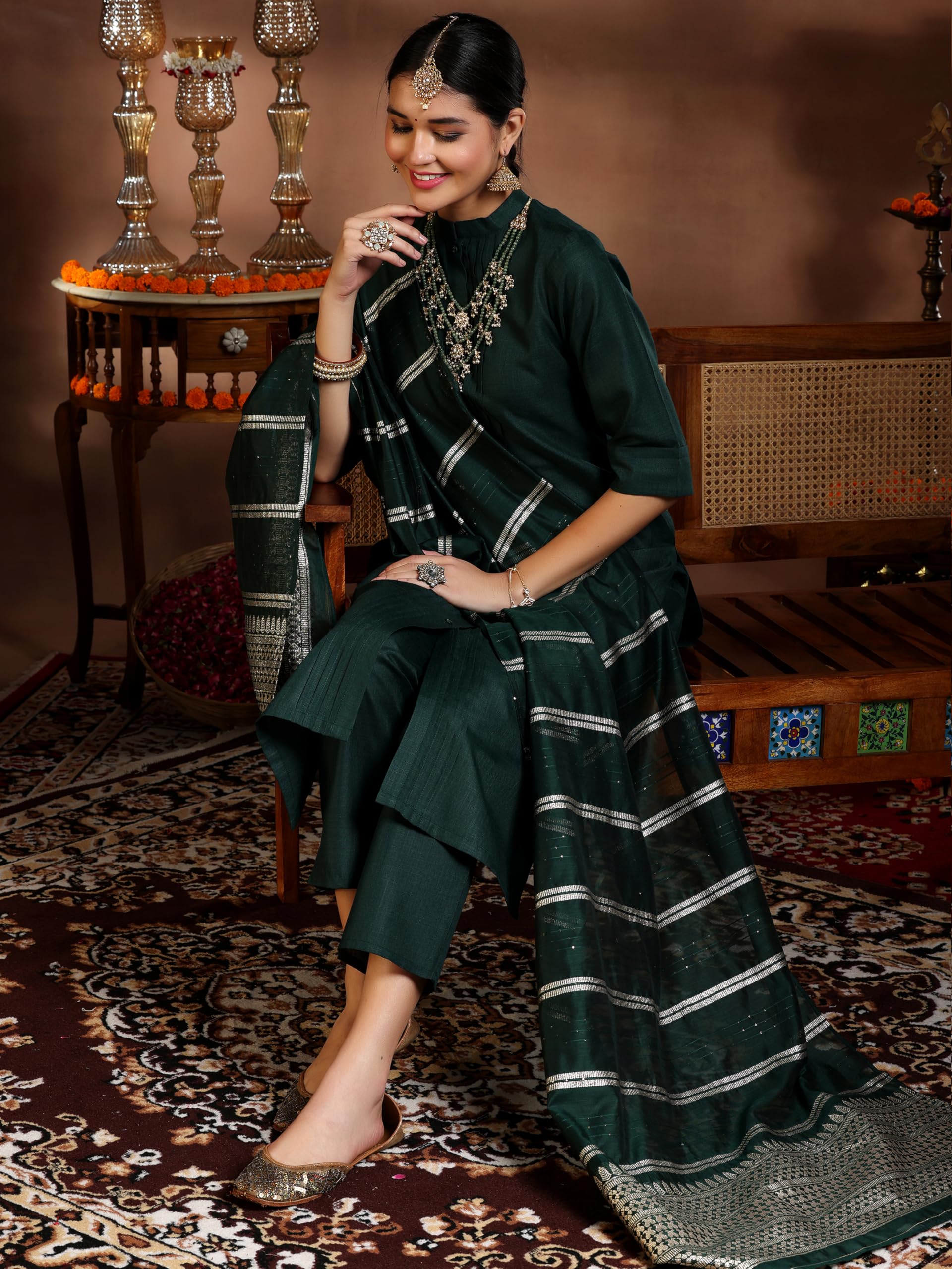 Libas Womens Silk Blend Kurta Set (39049_Green