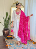 Naixa WomenS White Bsy Viscose Embroidered Straight Kurta With Bsy Viscose Pant And Silk Blend Embroidered Laced Dupatta Sets (