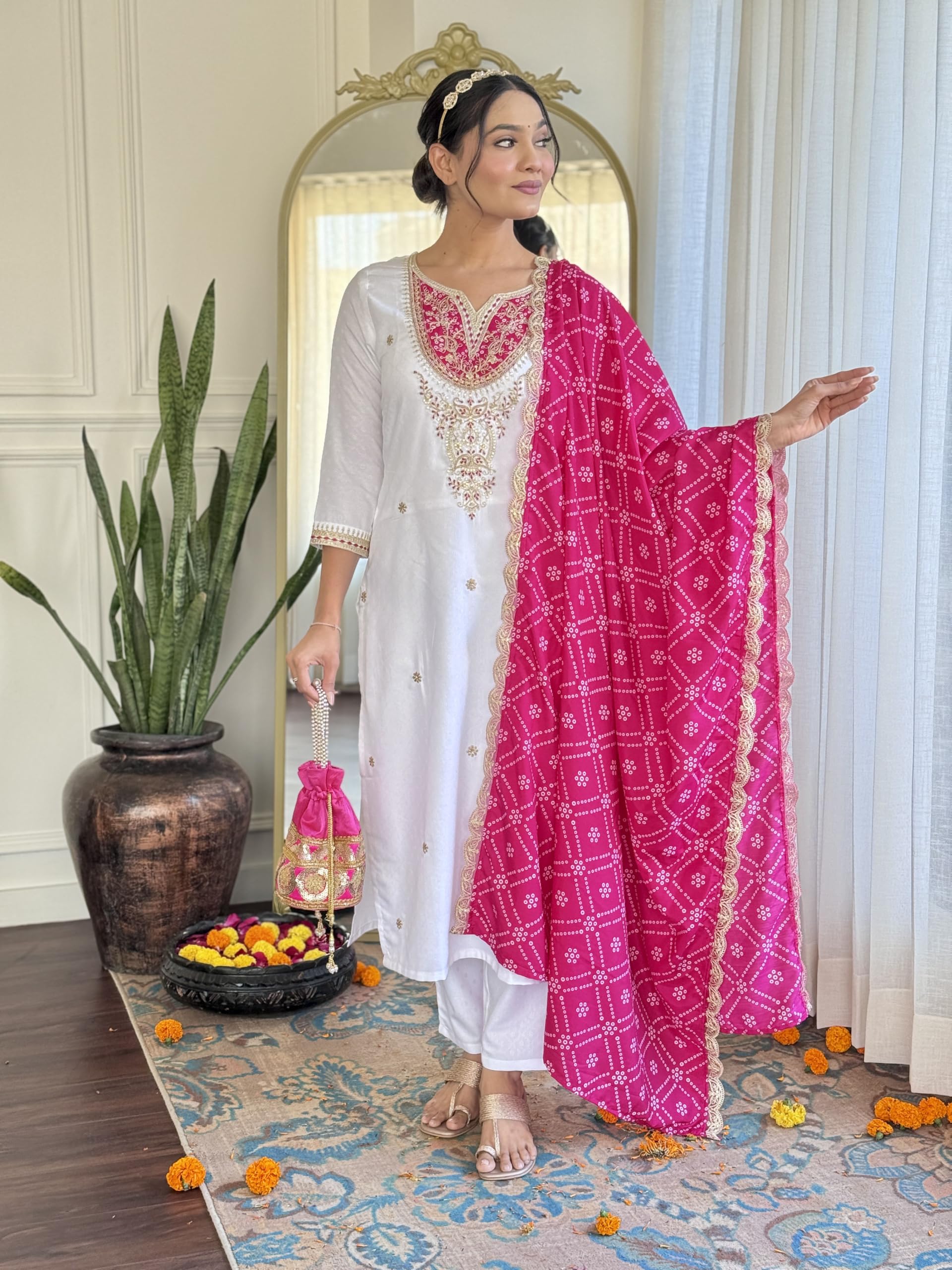 Naixa WomenS White Bsy Viscose Embroidered Straight Kurta With Bsy Viscose Pant And Silk Blend Embroidered Laced Dupatta Sets (
