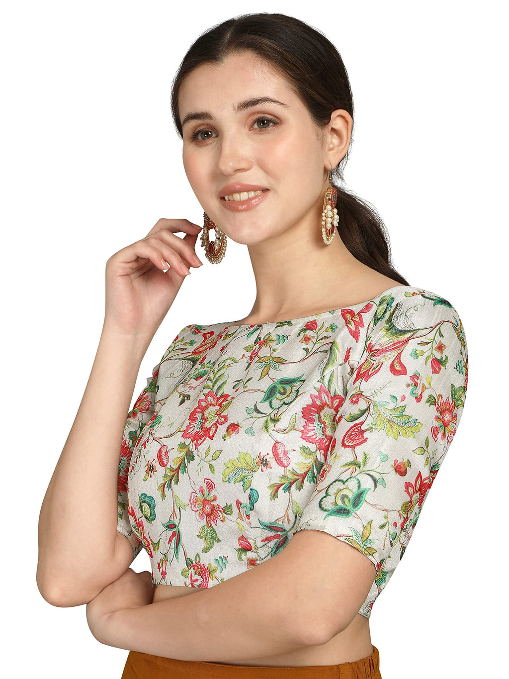 Vihu Fashion WomenS Banglori Silk Printed Elbow Length Sleeve Blouse