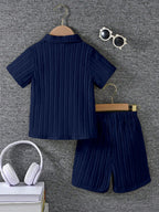 AVANOVA Boys Navy Blue 2-Piece Outfit Set  Short Sleeve Button Front Shirt with Matching Shorts, Summer Casual Clothing for Kids