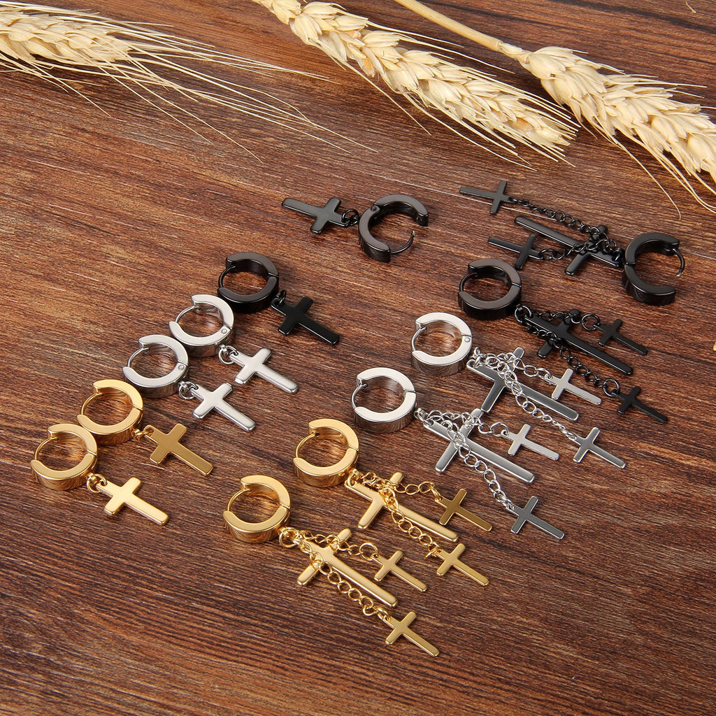 Cupimatch Stainless Steel Mens Clip Hinged Hoop Earrings with Cross Dangle Christmas Gift Set of 6 Pairs