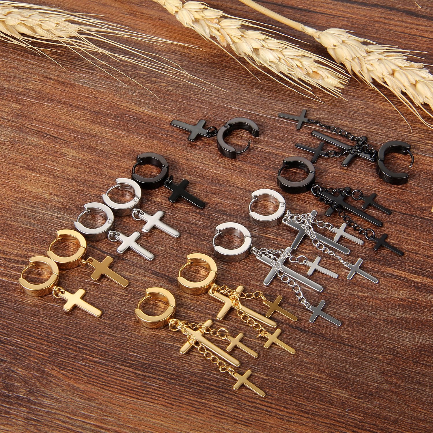 Cupimatch Stainless Steel Mens Clip Hinged Hoop Earrings with Cross Dangle Christmas Gift Set of 6 Pairs