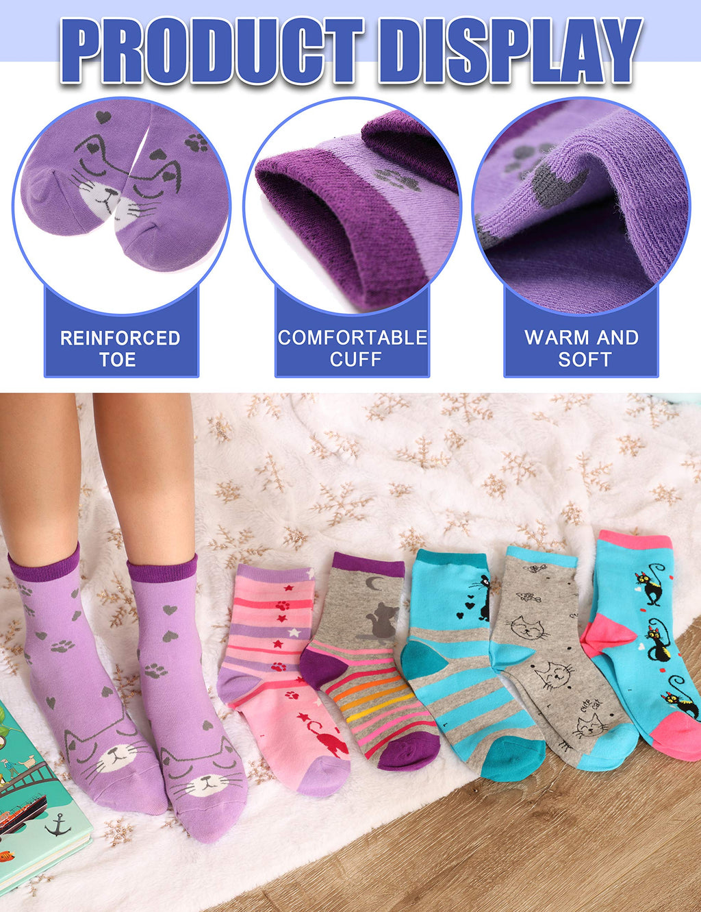 Girls Fashion Cotton Crew Cute Cat Shorty Socks 6 Pack (Cat, 9-14 Years Old)