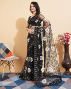 Vairagee WomenS Soft Net Flower Embroidered Border Work Saree And Unstitched Lilac Blouse Piece With Lace Work | Saree For Wedd