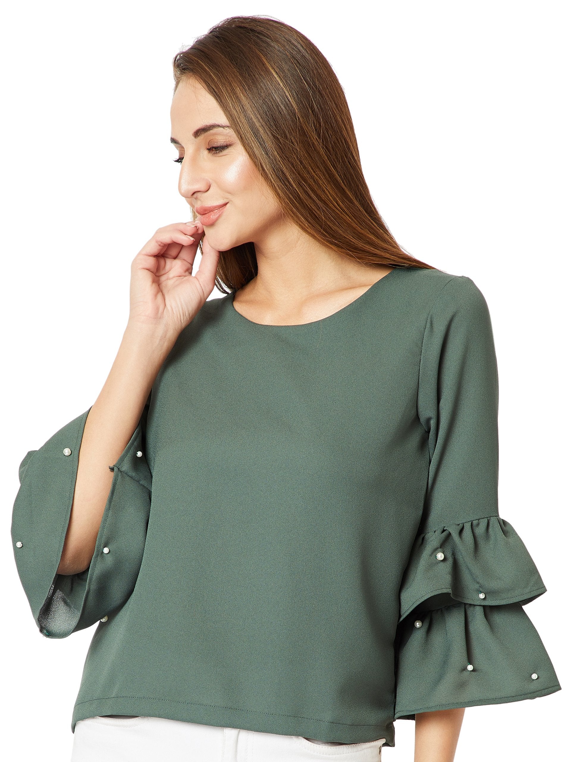 Miss Chase Womens Green Ruffled Top(MCSS18TP11-41-48-06_Green_X-Large)