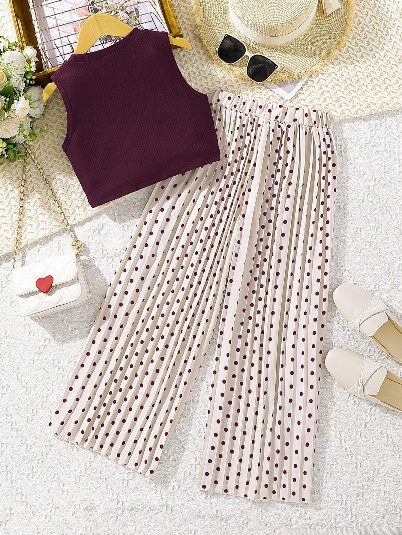 TAGAS Girls Solid Tank Top & Polka Dot Wide Leg Pants | COORDINATED_OUTFIT FOR GIRLS || DRESS FOR GIRLS|| TOP WITH PALAZZOS FOR