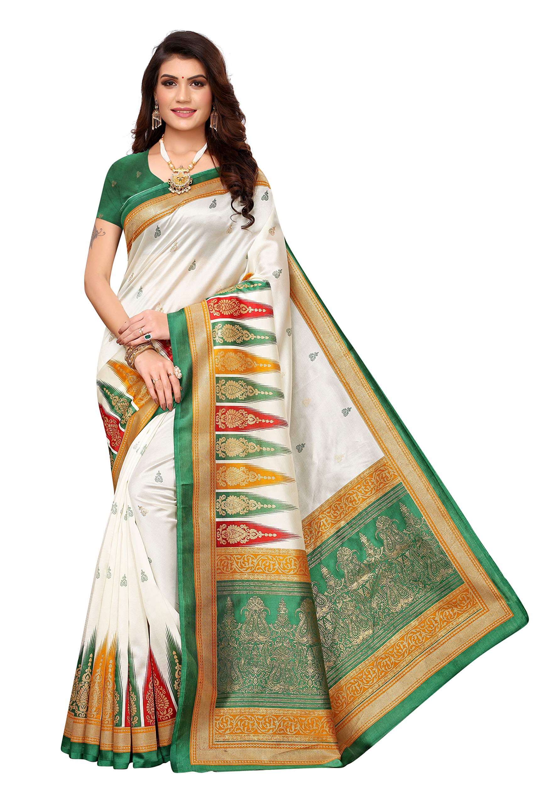 ANNI DESIGNER Art Silk with Blouse Piece Saree (PAROMA-Green&White_1 Free Size)