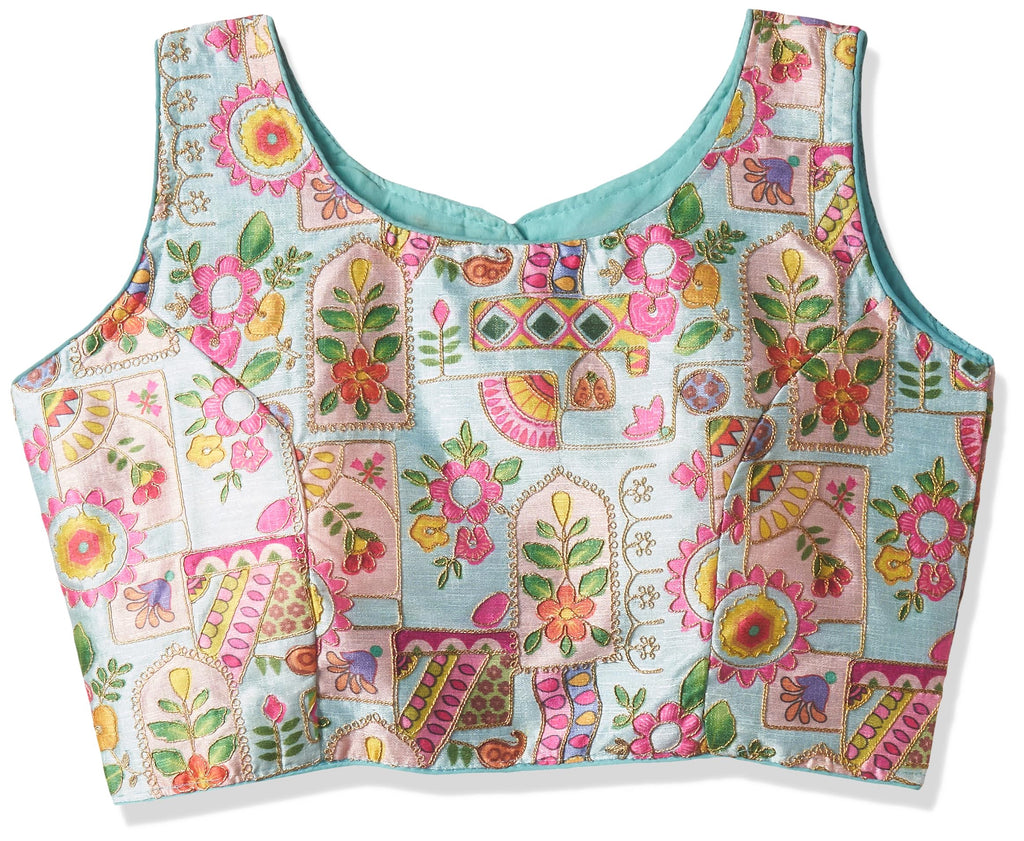 Vihu Fashion Womens Multicolor Phantom Silk deep Back Neck Digital Print Readymadev Sleeveless Saree Blouse