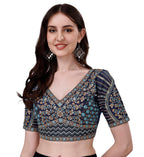 Pujia Mills Mills WomenS Fancy Readymade Heavy Coding Embroidary Worked Half Sleeve Multicolor Saree Blouse(Mushroom) (Navy Blu