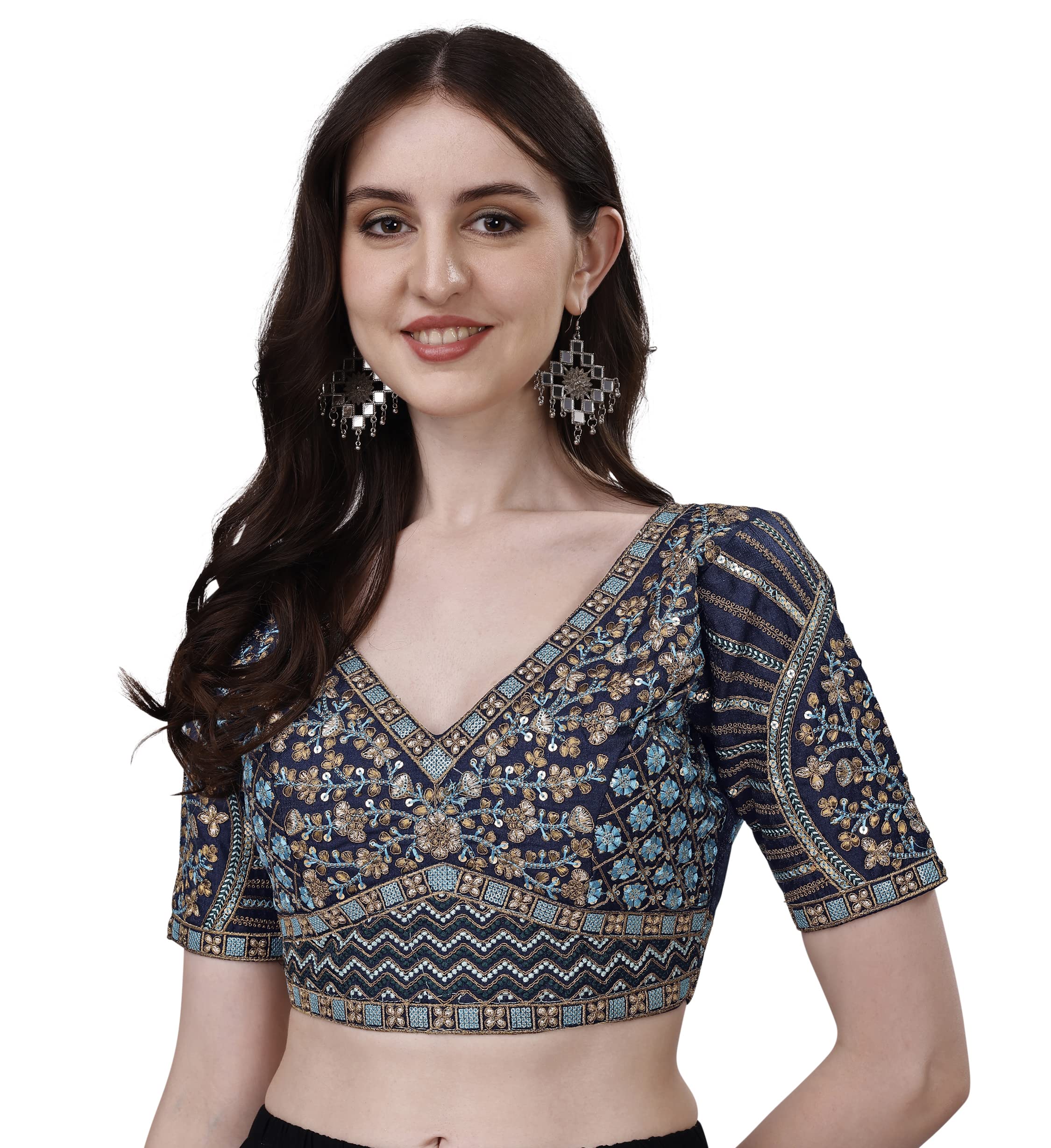 Pujia Mills Mills WomenS Fancy Readymade Heavy Coding Embroidary Worked Half Sleeve Multicolor Saree Blouse(Mushroom) (Navy Blu
