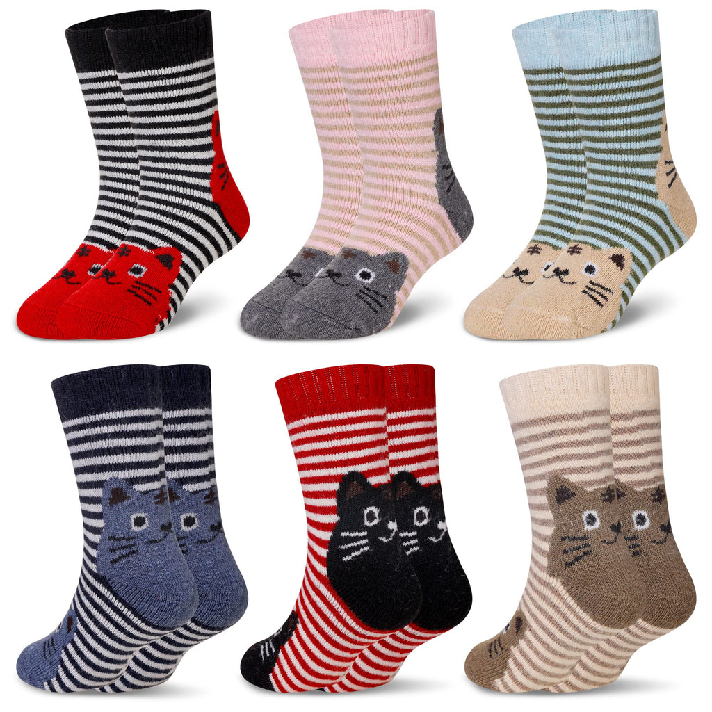 Eocom 6 Pairs Children's Winter Warm Wool Animal Crew Socks Kids Boys Girls Socks(1-3 Years,Cat)