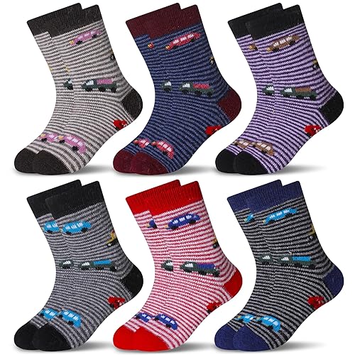 Eocom 6 Pairs Children's Winter Warm Wool Socks Kids Toddlers Boys Girls Thermal Thick Boot Cozy Crew Socks (1-3 Years, Cartoon