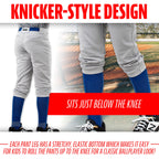 Franklin Sports Youth Baseball + Softball Pants - Knee High Grey Baseball Pants for Kids - Boys + Girls Knicker Style Bottoms wi