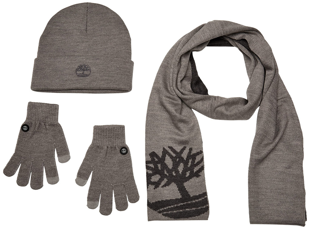 Timberland Womens Double Layer Scarf, Cuffed & Magic Glove Gift Set Beanie Hat, Light Grey Heather