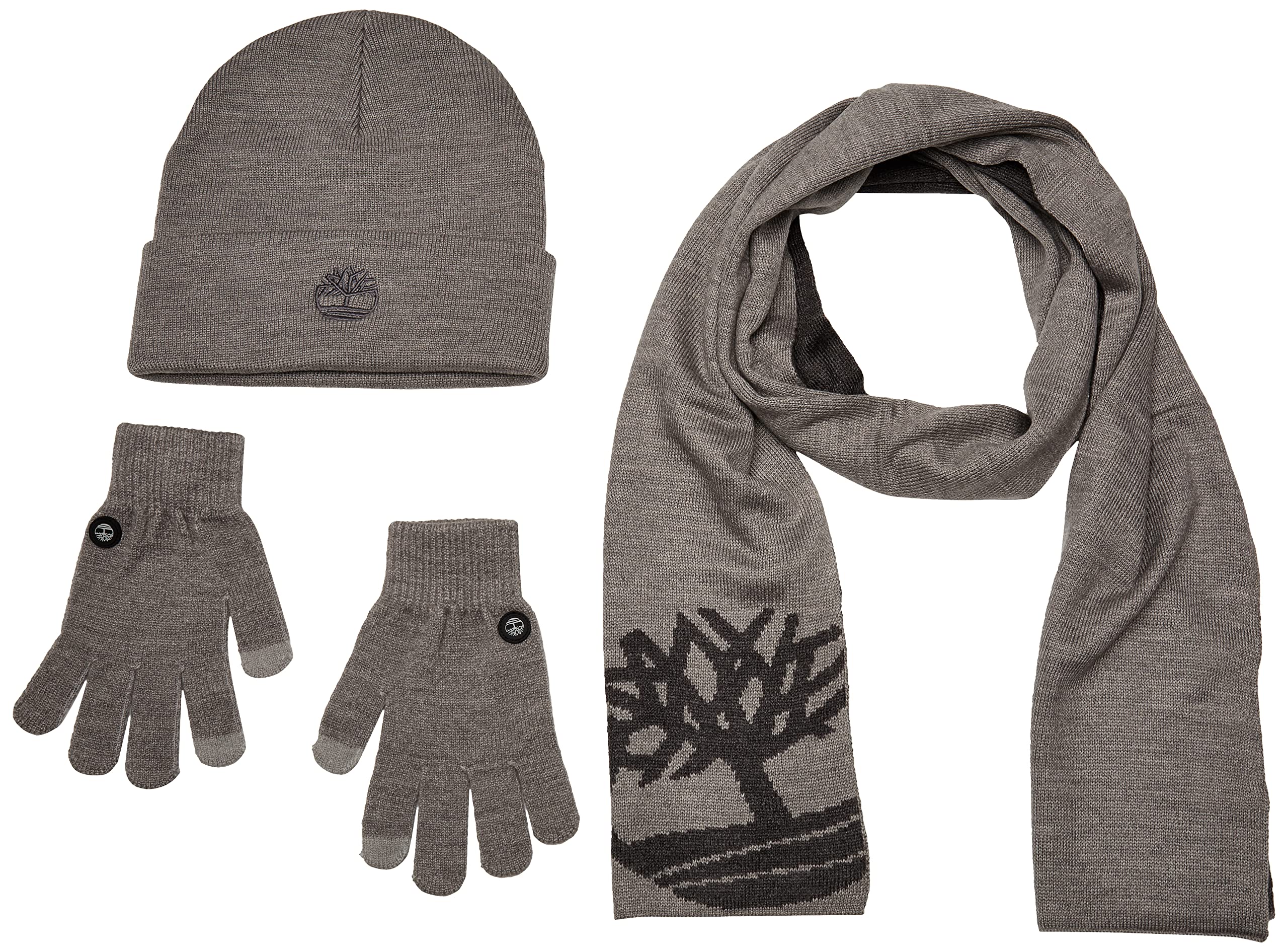 Timberland Womens Double Layer Scarf, Cuffed & Magic Glove Gift Set Beanie Hat, Light Grey Heather