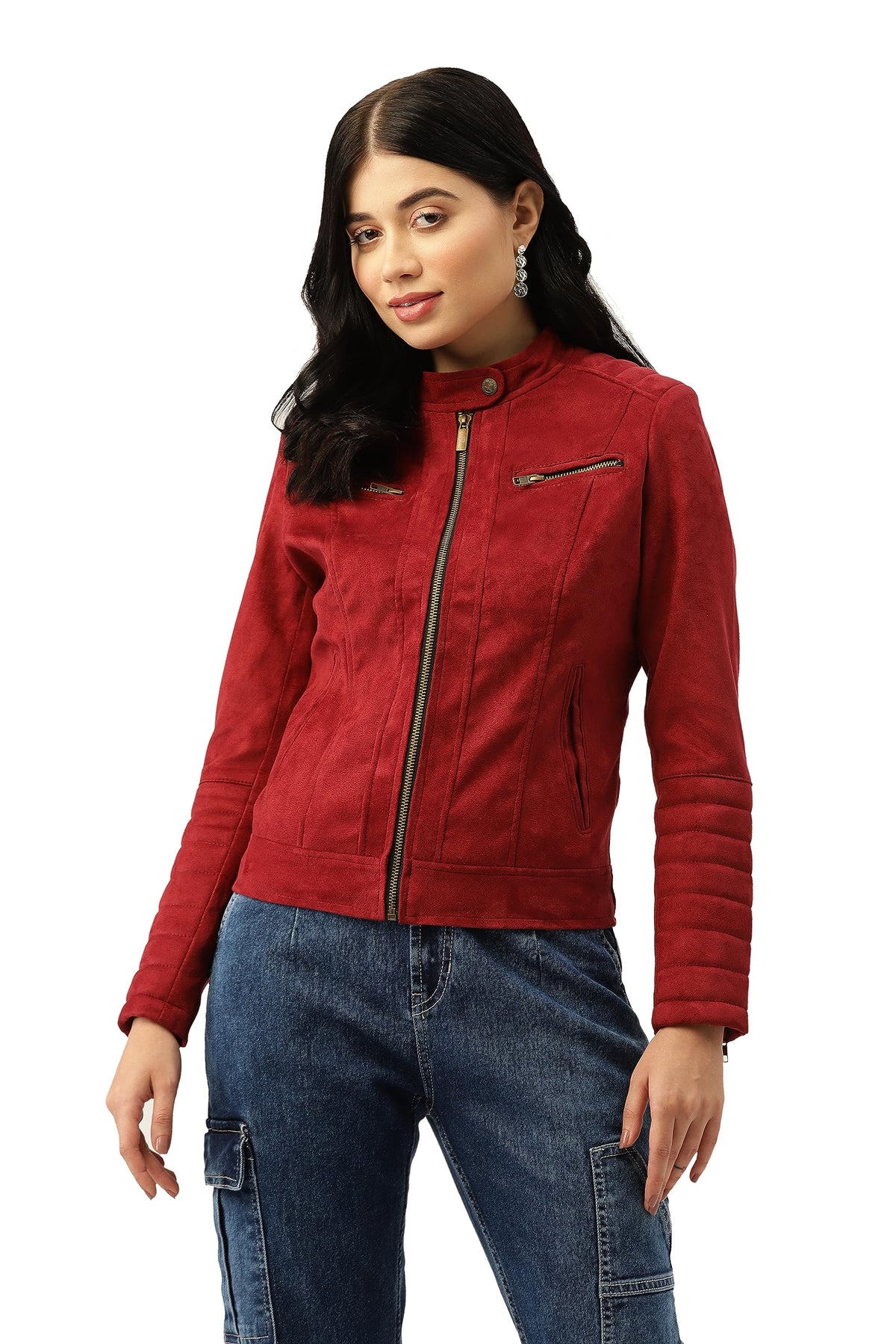 Leather Retail Mahroon Suede Faux Leather Jacket For Womens 2