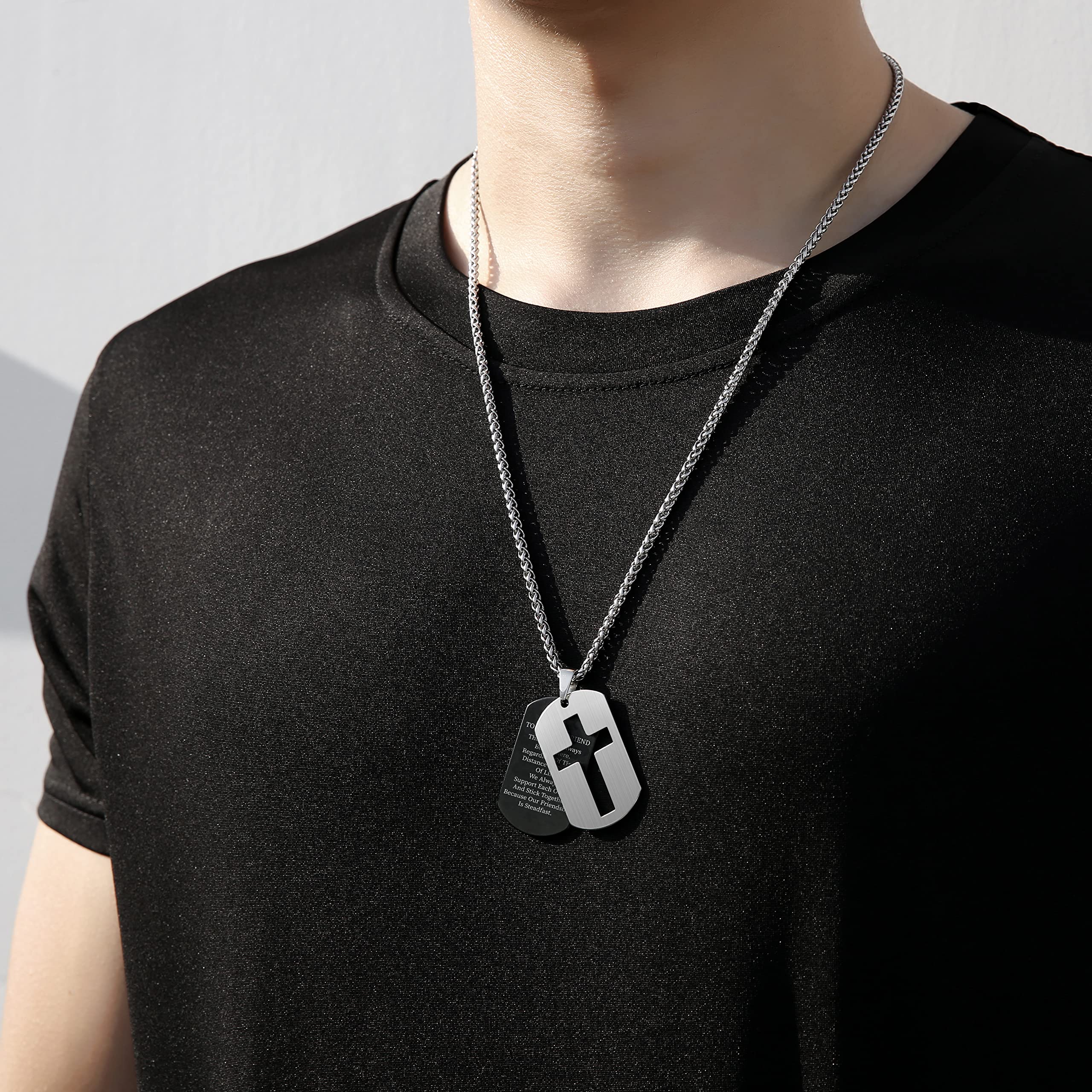 P.Blake Dog Tag Cross Necklace for Friend Stainless Steel Cross Pendant Christian Religious Jewelry Christmas Gifts for Men Boys