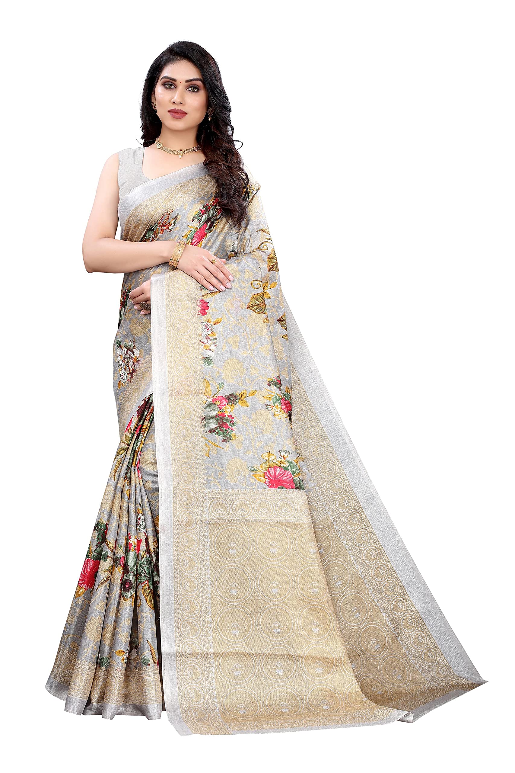 ANNI DESIGNER Womens Art Silk Floral Printed Saree with Blouse Piece (PUDINA GREY_Grey)