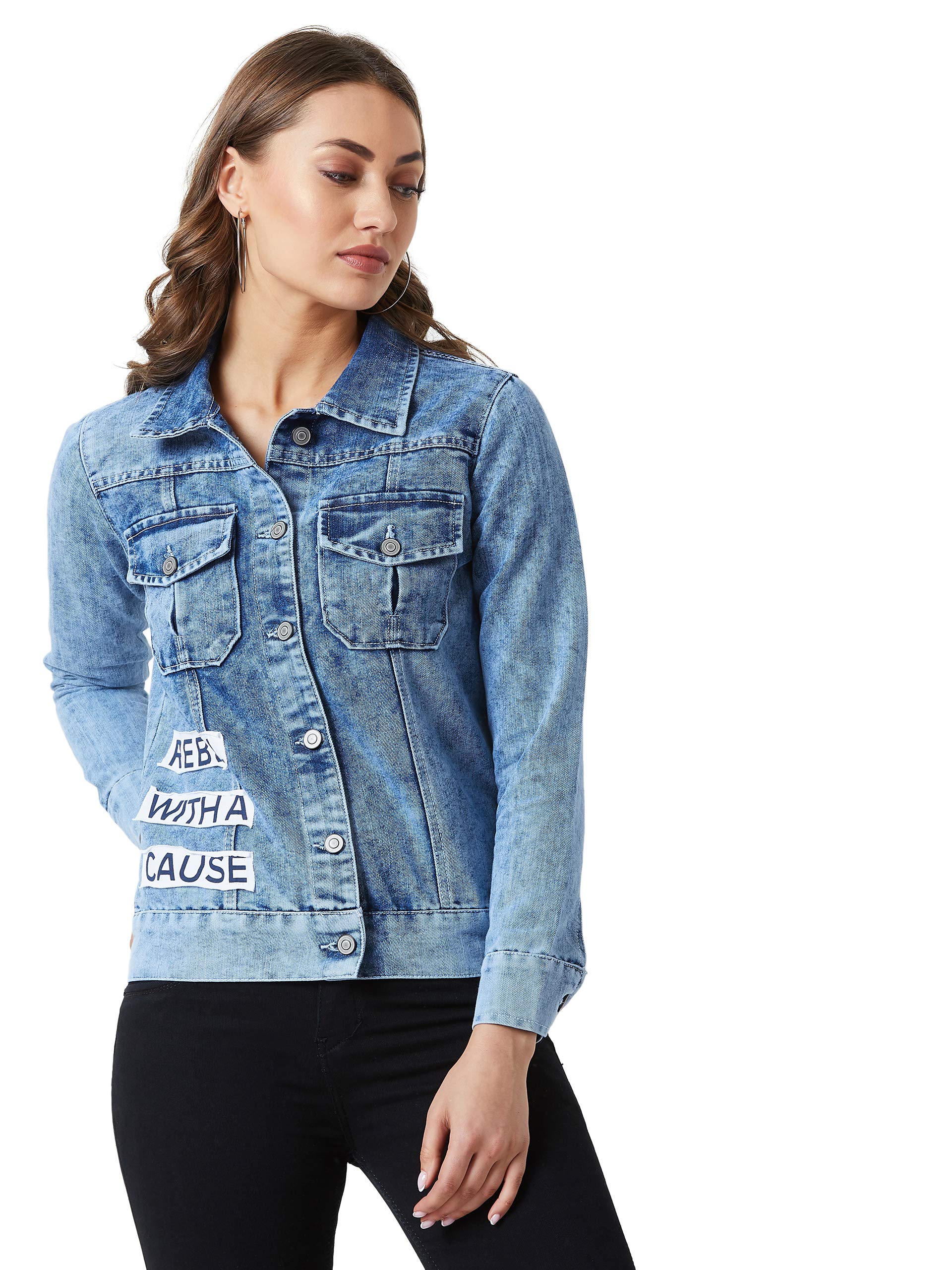 Miss Chase WomenS Collared Solid Full Sleeve Regular Length Denim Jacket (Mcaw24Den82-12-54-06, Sky Blue, Xl)