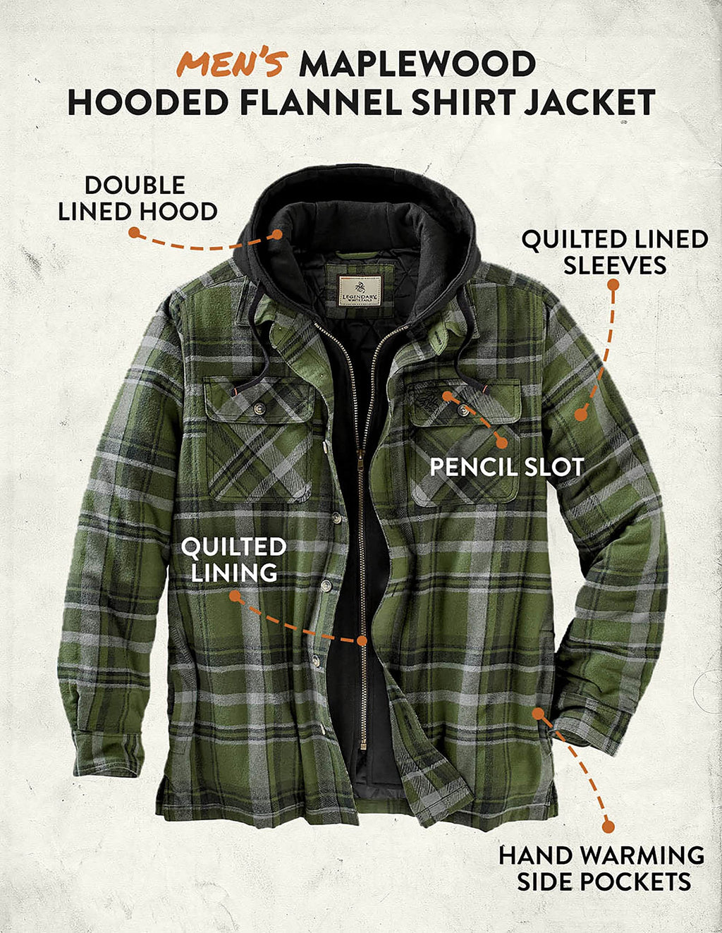 Legendary Whitetails Men's Standard Maplewood Hooded Shirt Jacket, Army Green Plaid, Medium