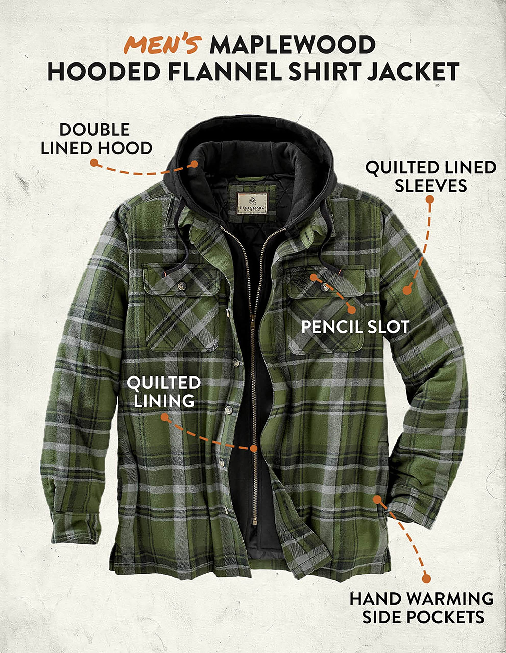 Legendary Whitetails Men's Standard Maplewood Hooded Shirt Jacket, Army Green Plaid, Medium