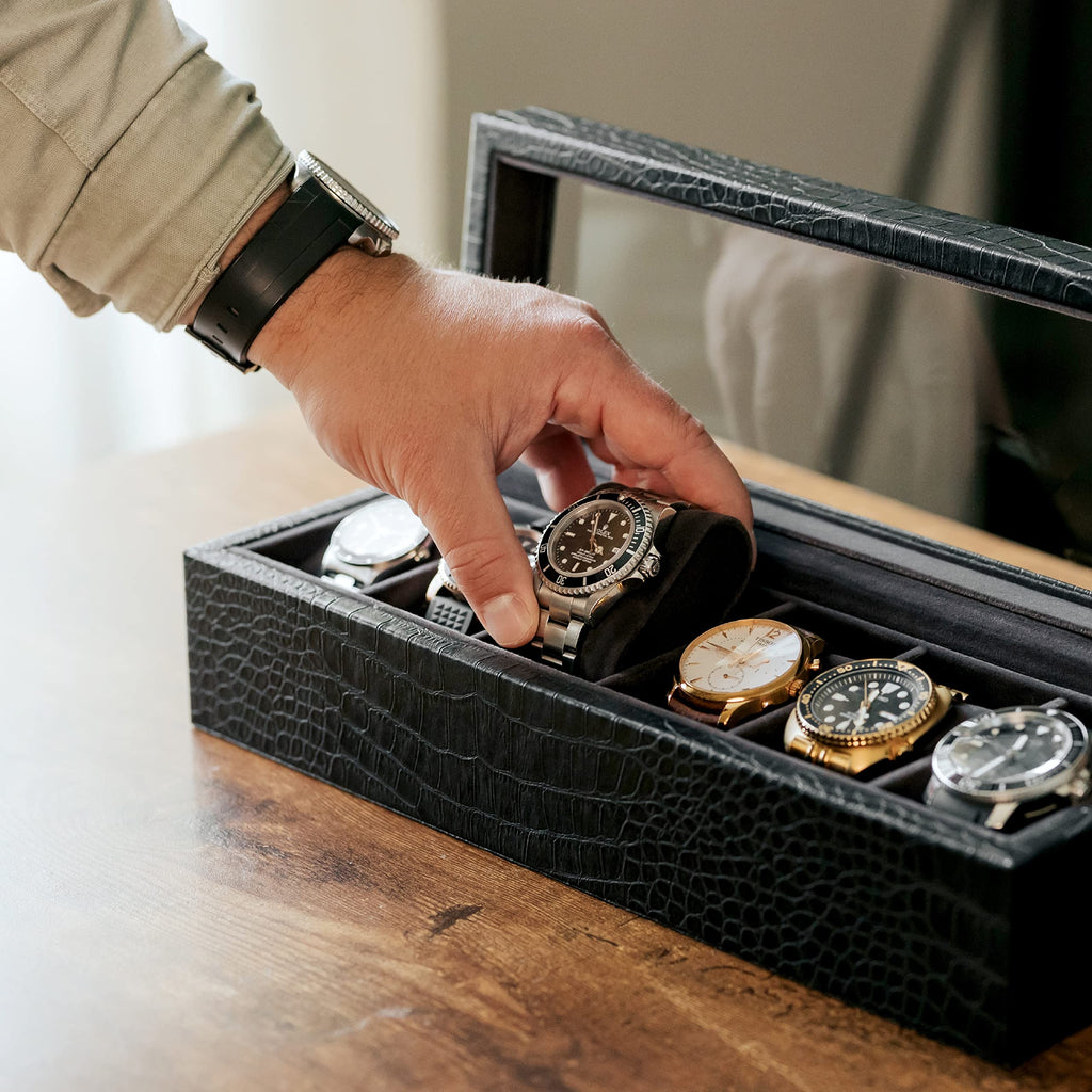 CASE ELEGANCE Crocodile Texture Faux Leather Watch Box Men/Women Watch Storage Box Organizer with Glass Lid 6 Compartments