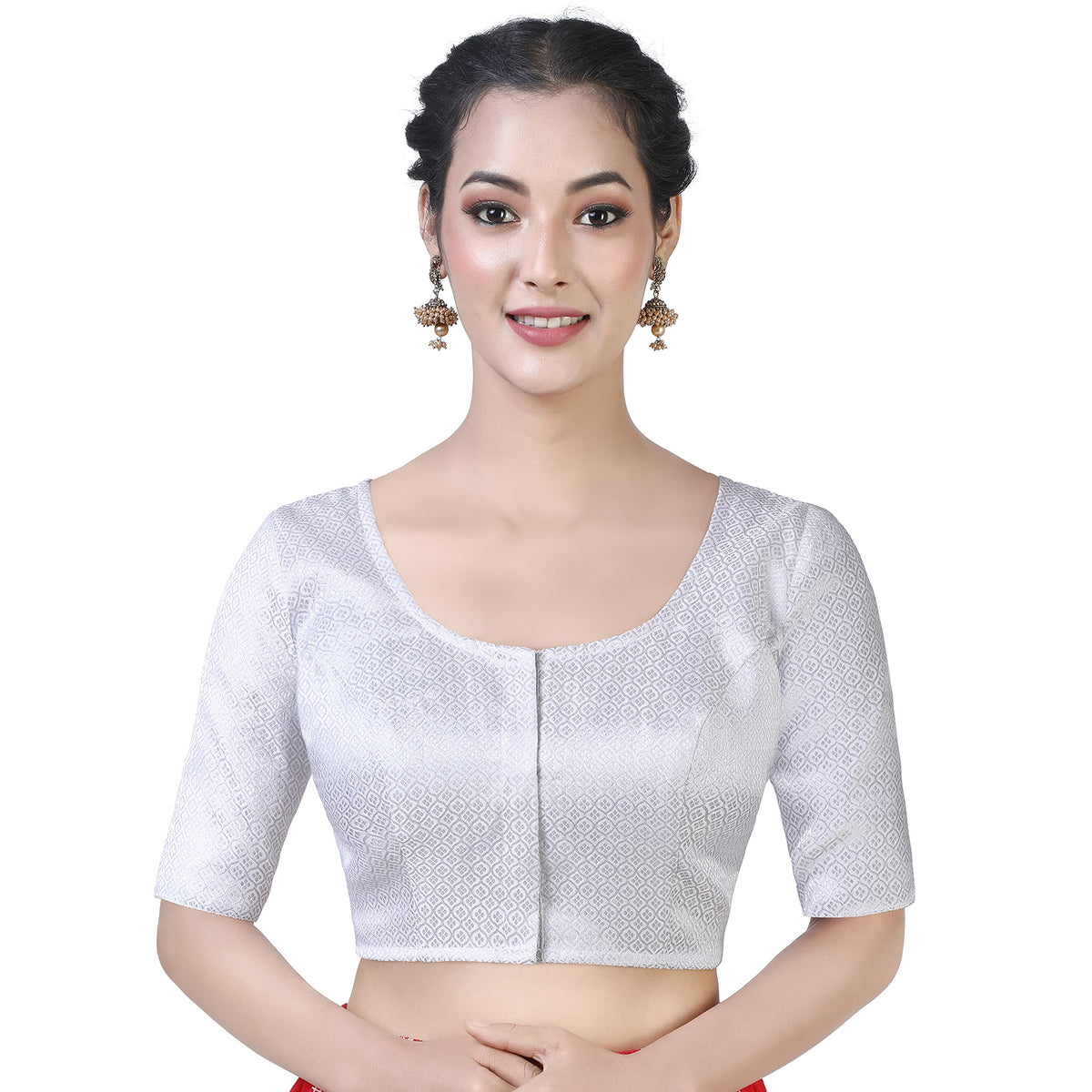 Studio Shringaar WomenS Readymade Brocade Zari Elbow Length Sleeves Saree Blouse (Silver, 34) 34
