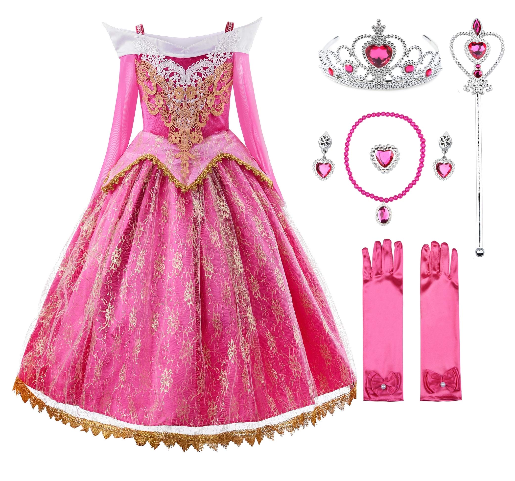 JerrisApparel Girls Pink Princess Costume Halloween Cosplay Party Dress up (Pink with Accessories, 7)