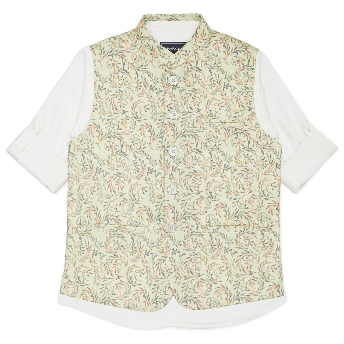 Cavio Boys Seagreen Traditional Floral Print Nehru Jacket With Shirt 14-15