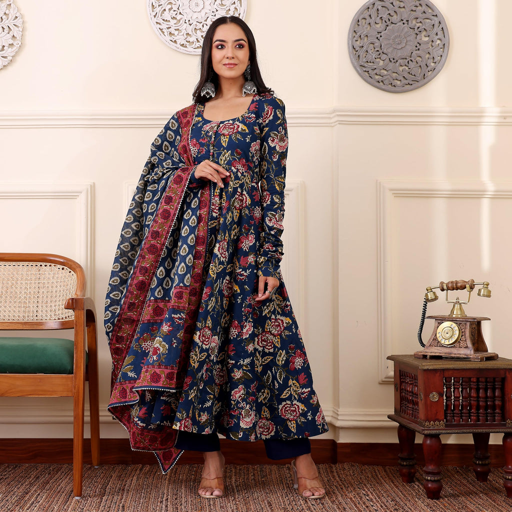 ANNI DESIGNER Women s Printed Rayon Blend Kurta with Pants and Dupatta, Blue, 2XL