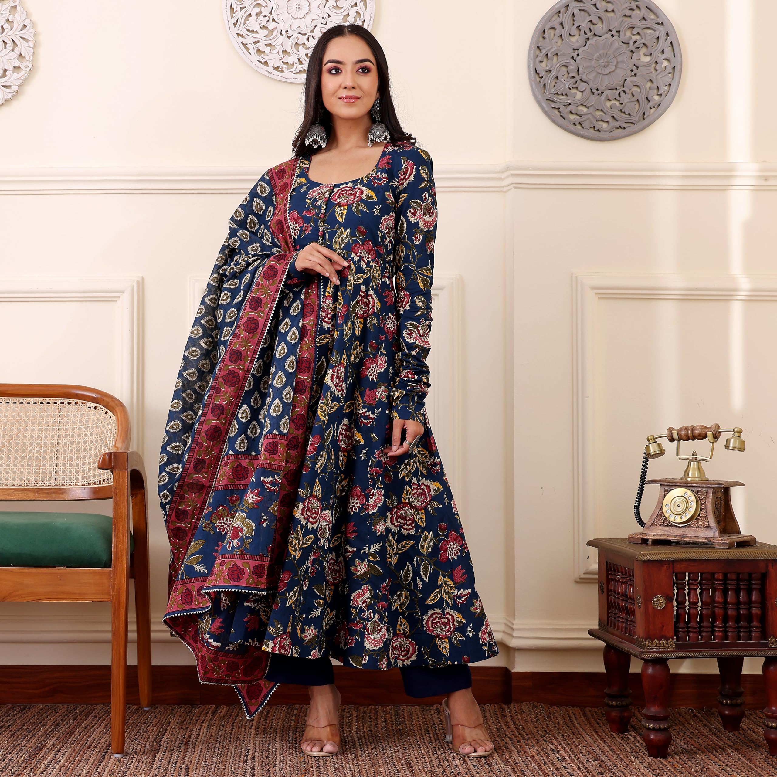 ANNI DESIGNER Women s Printed Rayon Blend Kurta with Pants and Dupatta, Blue, 2XL