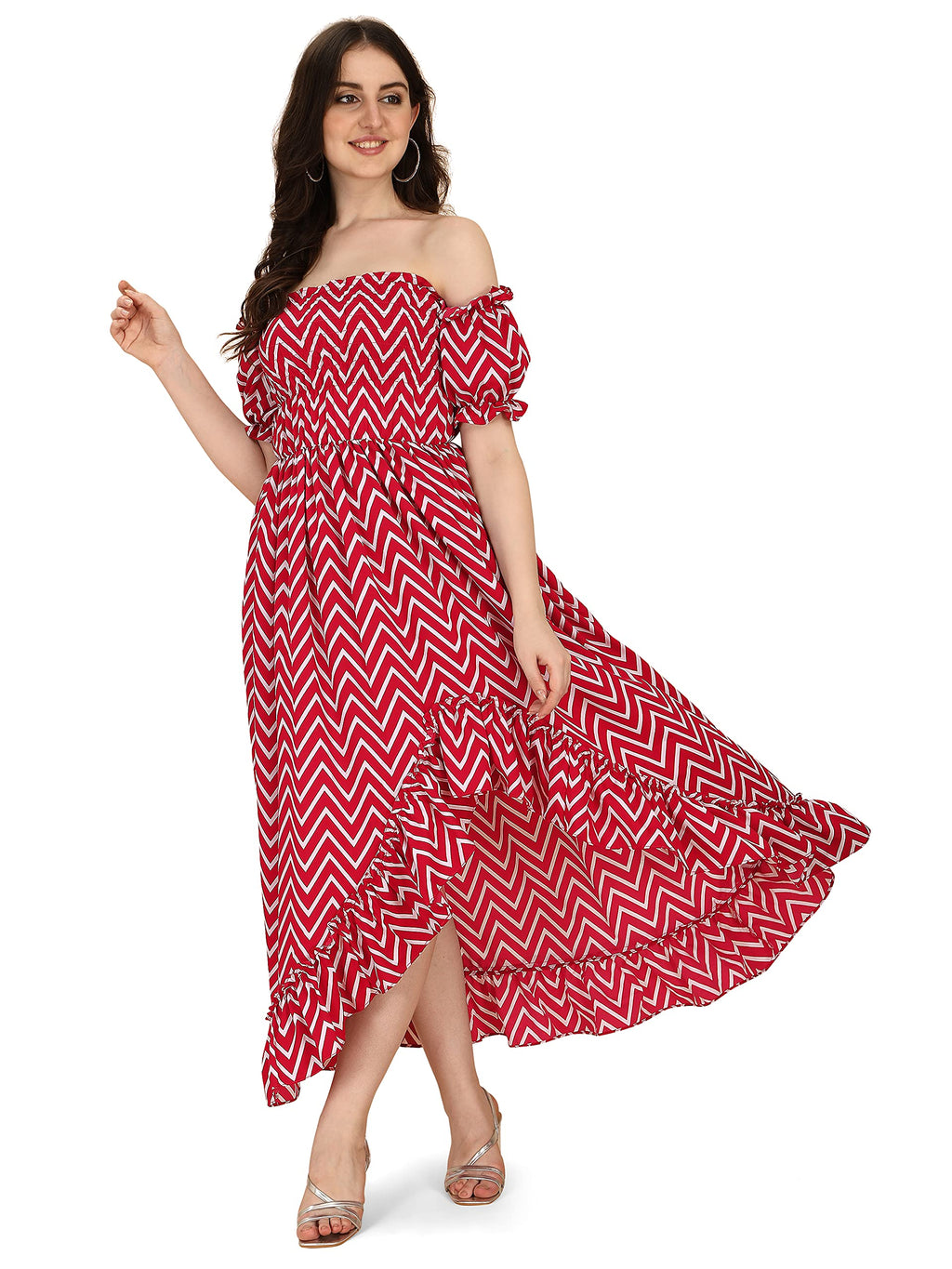 Oomph! Flared Dress For Women Stylish | Long One Piece For Women | Off Shoulder Puff Sleeve Long Dress | Floral Print Maxi One P