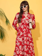 Sheetal Associates WomenS Casual Full Sleeve Crepe Fit & Flare Dress | Comfortable Relaxed Fit Summer Party Dress Red