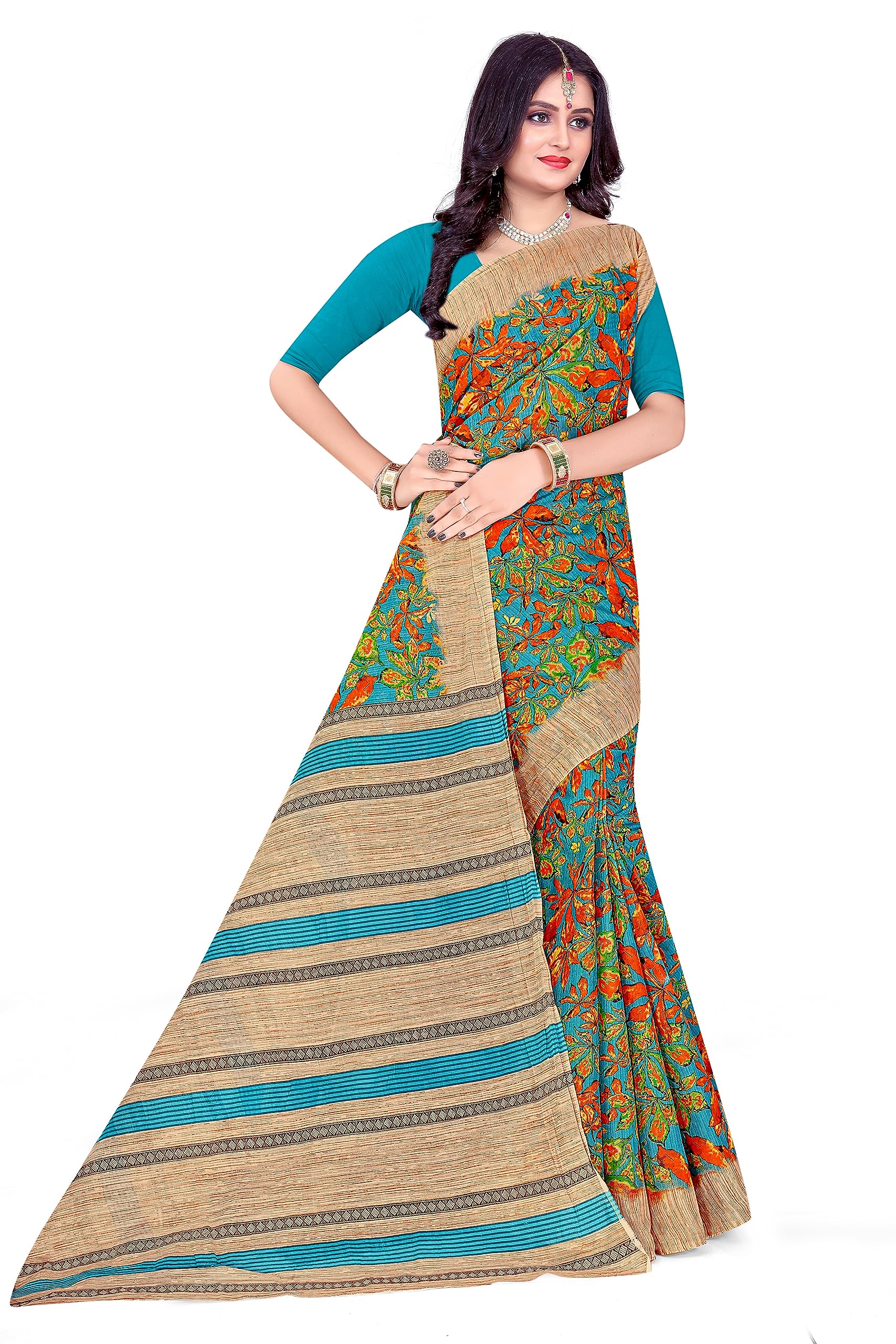 Tamaira Fashion WomenS Autumn Leaf Print Pure Cotton Saree Without Blouse Piece