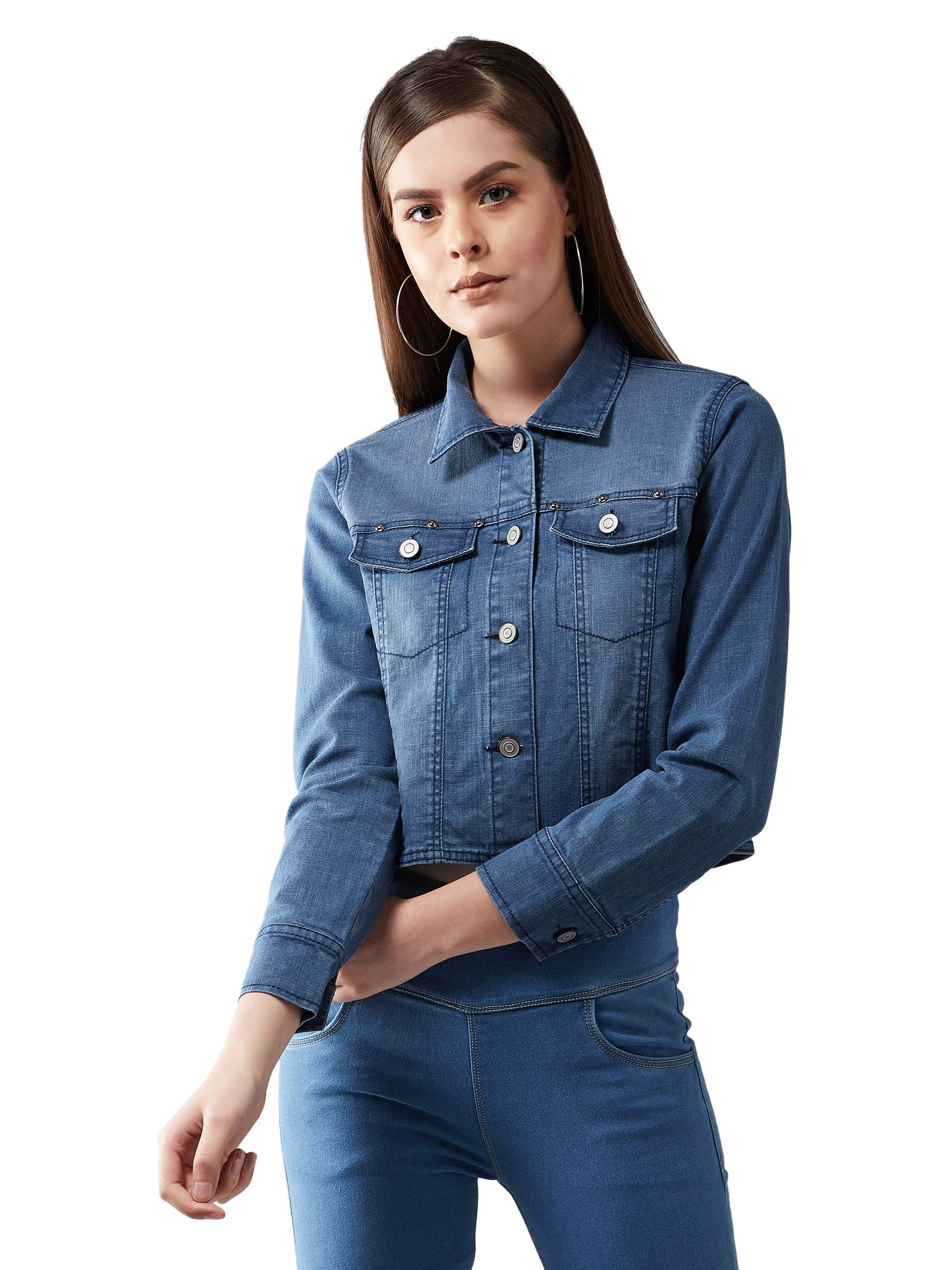 Dolce Crudo Womens Navy Blue Solid Polo Neck Full Sleeves Buttoned Denim Embellished Cropped Jacket( DOAW19DEN05-58-71-06_Blue_