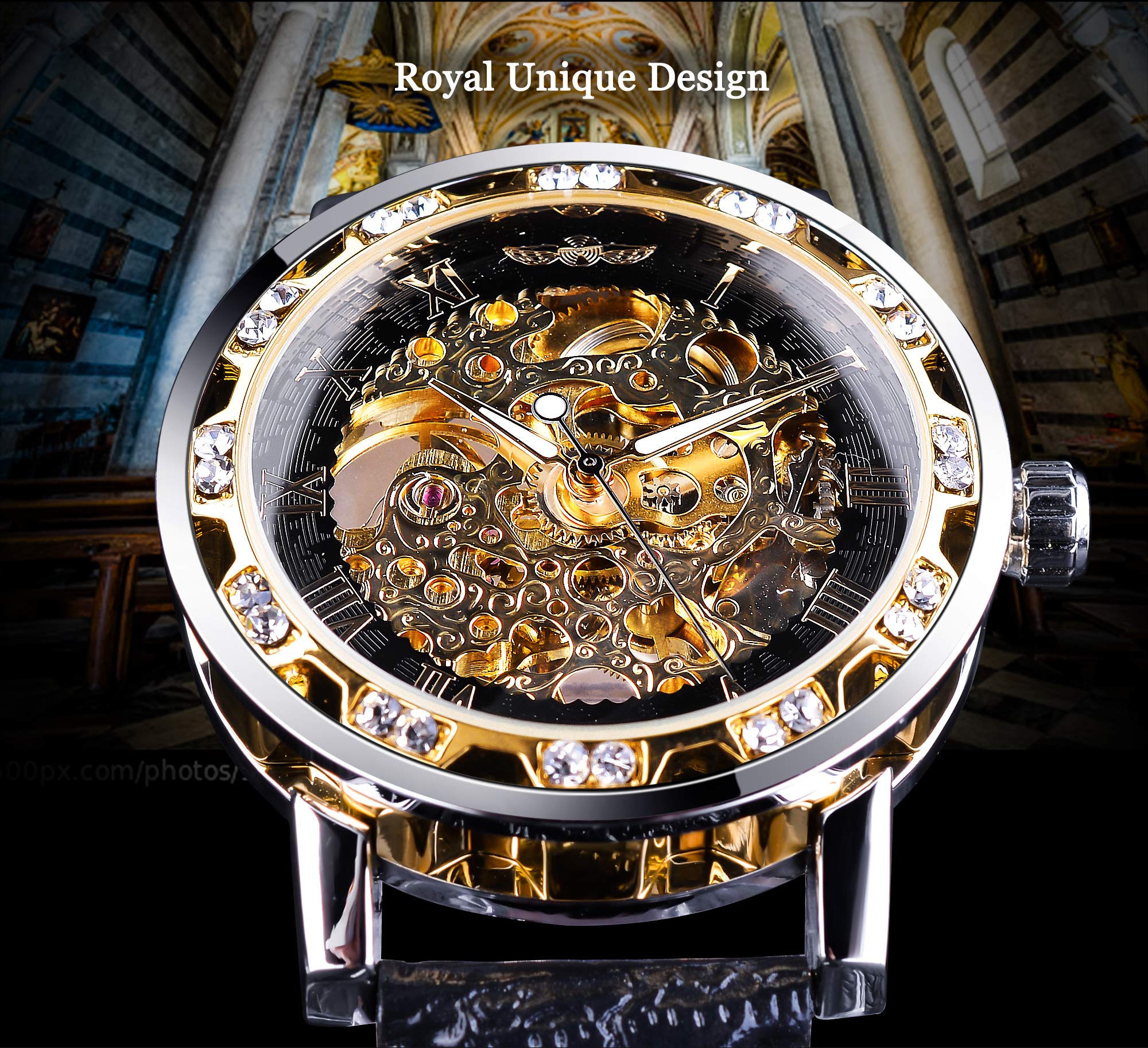 Winner Retro Manual Mechanical Skeleton Watch with Diamond and Carving Flower Craft Men Skeleton Wrist Watch Mechanical Classic