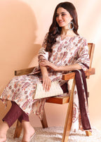 Memore WomenS Poly Rayon Floral Printed Kurta Pant Dupatta Set With V Neck 3/4 Sleeves Straight Calf Length And Soild Bottom El