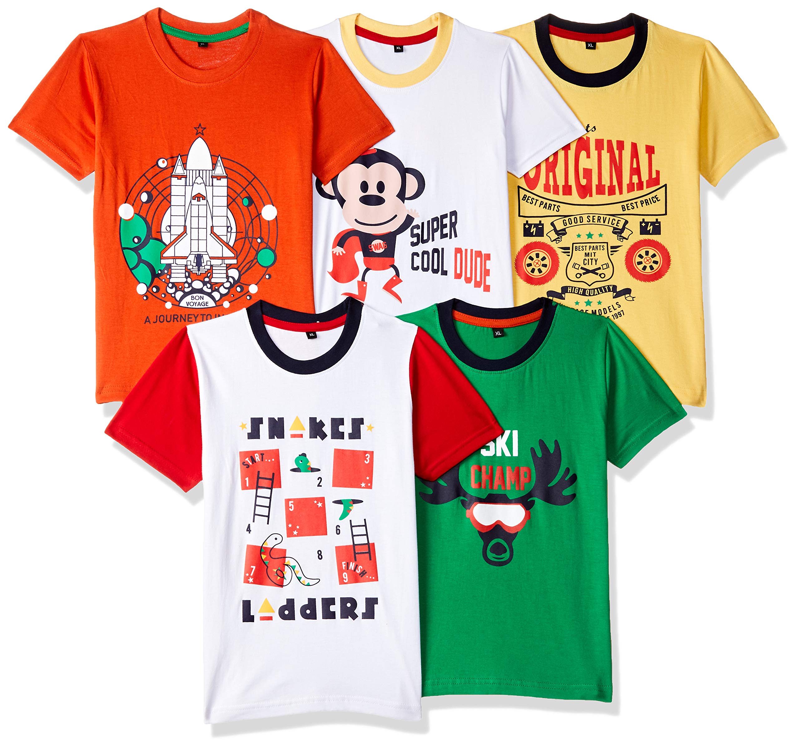 T2F Boy Cotton Printed Regular Fit T-Shirt (Pack of 5),Multicolour,13-14 Years