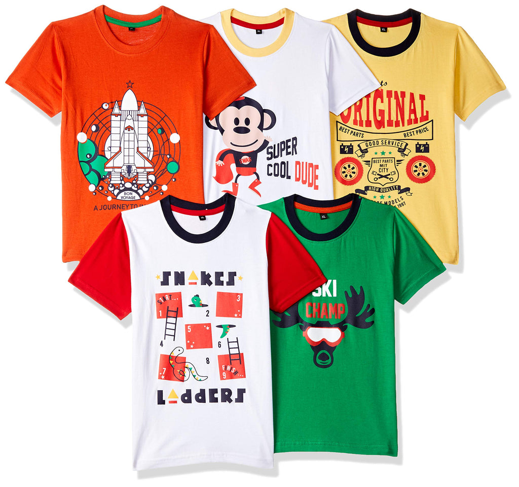 T2F Boy Cotton Printed Regular Fit T-Shirt (Pack of 5),Multicolour,4-5 Years
