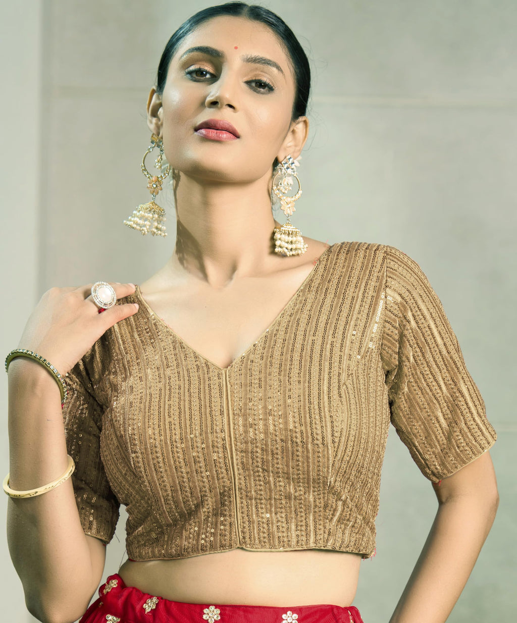 Pujia Mills Womens Indian Ethnic Wear Designer Silver Sequence with Matching Embroidered Work Deep V Neck Half Sleeve Readymade