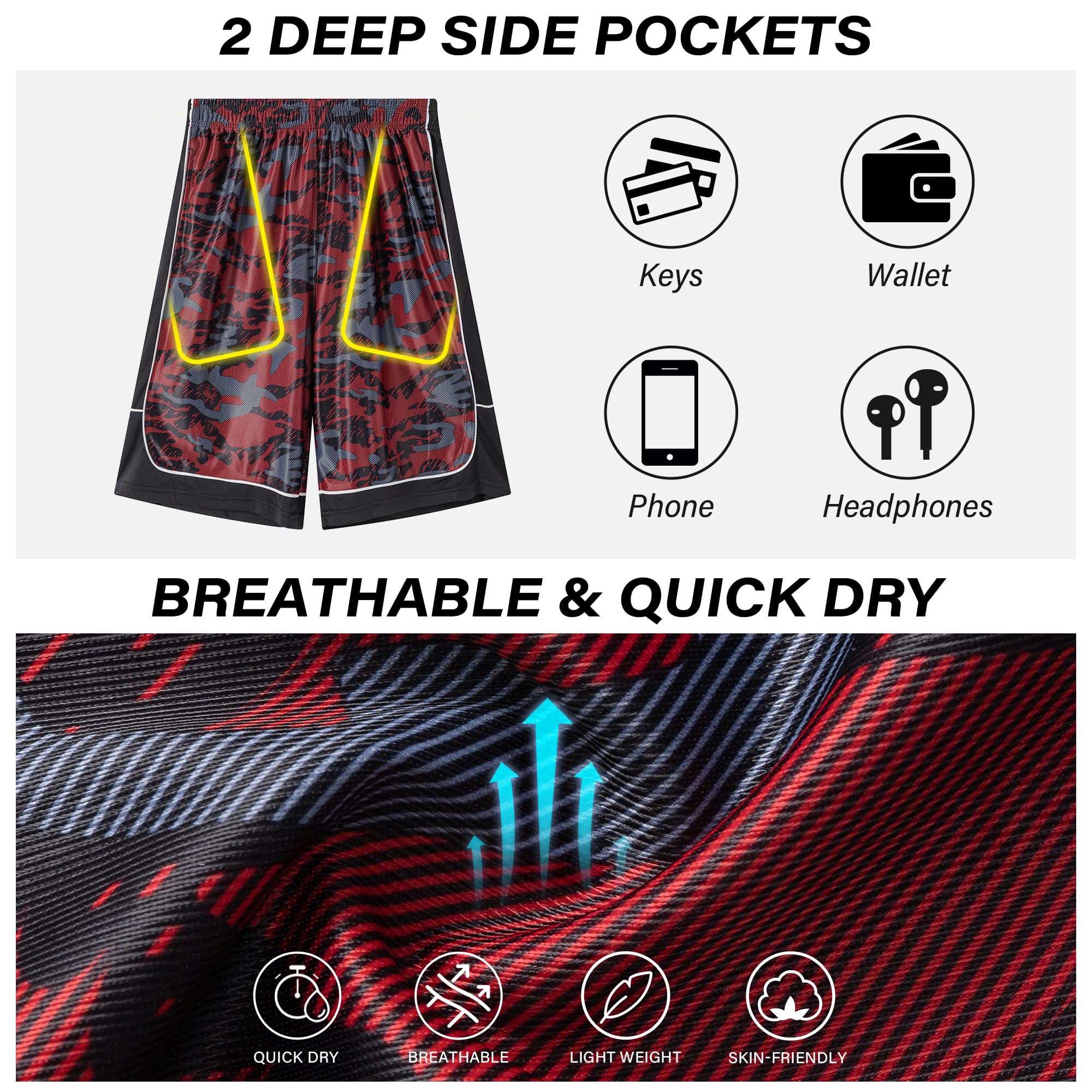 HQUEC Men's 12 Long Basketball Shorts Athletic Workout Gym Camo Shorts Below Knee Loose-Fit with Pockets Red XL