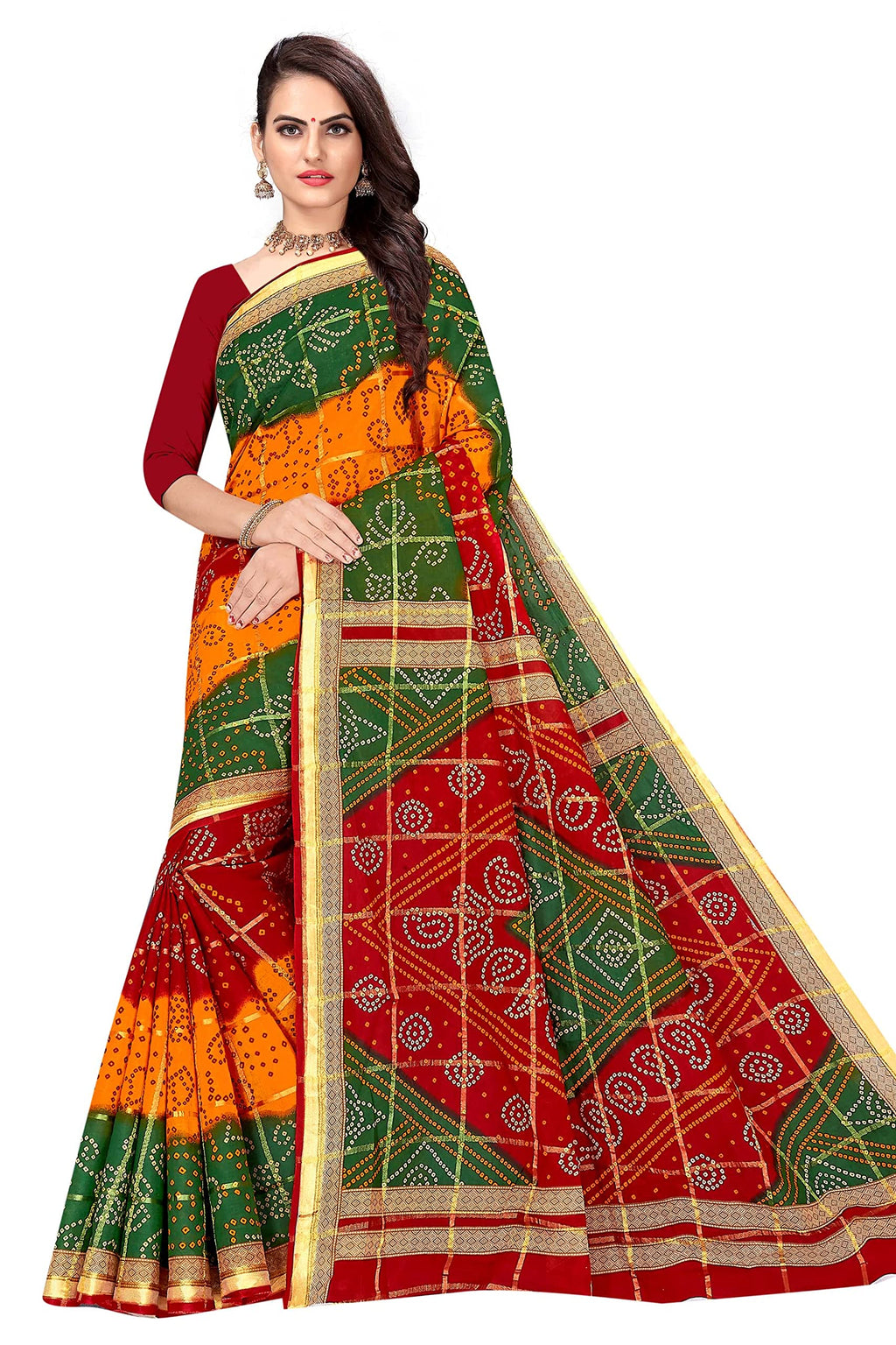 TAMAIRA FASHION Womens Pure Cotton Bandhani Saree Without Blouse Piece(2438_Red)